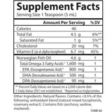 Tabla de suplementos de Carlson aceite de pescado Omega 3 líquido sabor limón, presentación de 6.7 fl oz / 200 mL, con porción de 1 cucharadita y Omega 3 declarado.
