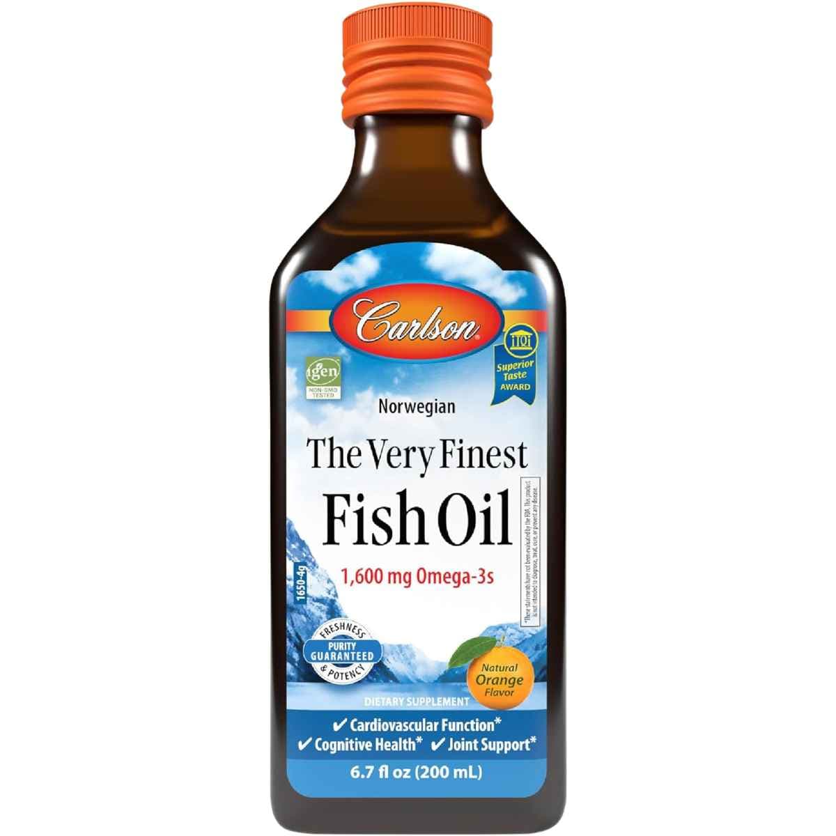 Botella frontal de Carlson aceite de pescado Omega 3 líquido sabor naranja, presentación de 6.7 fl oz / 200 mL.