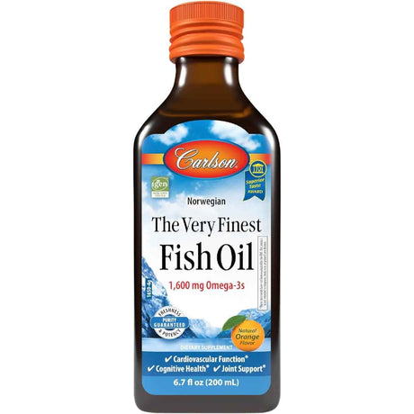 Botella frontal de Carlson aceite de pescado Omega 3 líquido sabor naranja, presentación de 6.7 fl oz / 200 mL.
