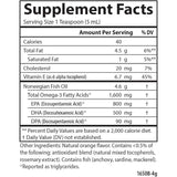 Tabla de suplementos de Carlson aceite de pescado Omega 3 líquido sabor naranja, presentación de 6.7 fl oz / 200 mL, con porción de 1 cucharadita y Omega 3 declarado.