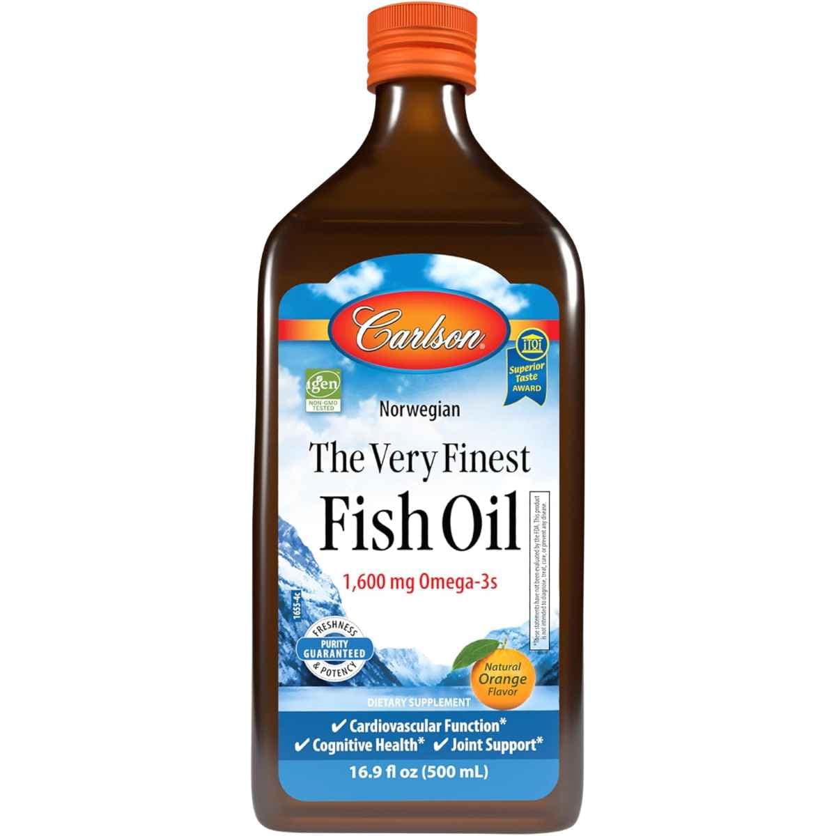 Botella frontal de Carlson aceite de pescado Omega 3 líquido sabor naranja, presentación de 16.9 fl oz / 500 mL.