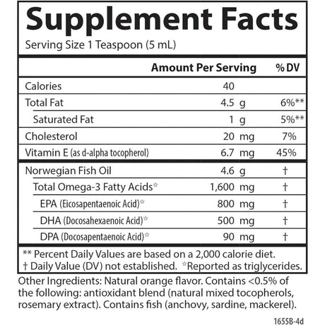 Tabla de suplementos de Carlson aceite de pescado Omega 3 líquido sabor naranja, presentación de 16.9 fl oz / 500 mL, con porción de 1 cucharadita y Omega 3 declarado.