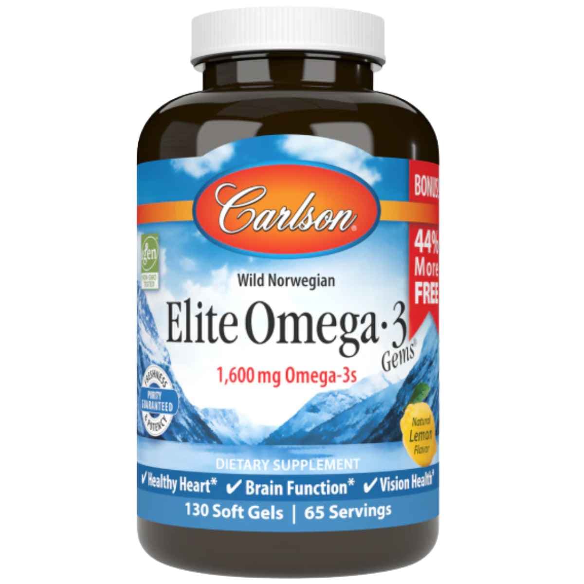 Frasco frontal de Carlson Elite Omega-3 Gems de 130 cápsulas blandas