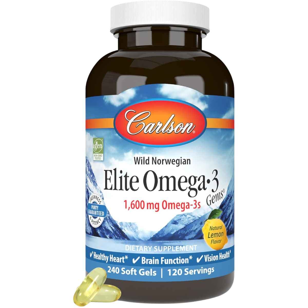 Frasco frontal de Carlson Elite Omega-3 Gems de 240 cápsulas blandas