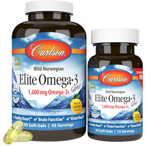 Pack de Carlson Elite Omega-3 Gems con frascos de 90 y 30 cápsulas blandas