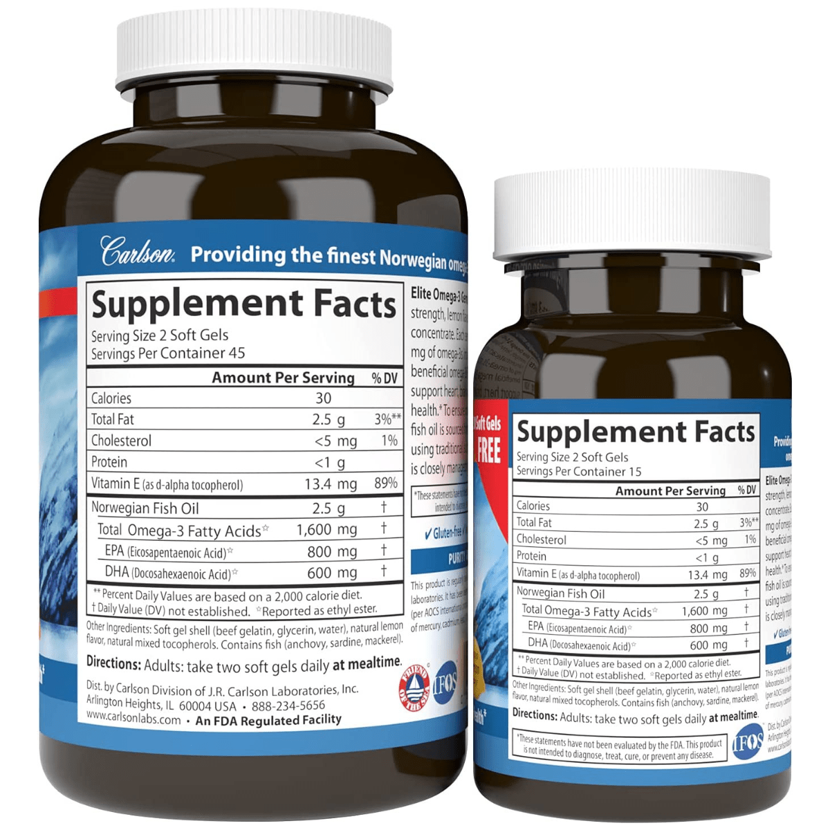 Información del suplemento de Carlson Elite Omega-3 Gems en frascos de 90 y 30 cápsulas blandas