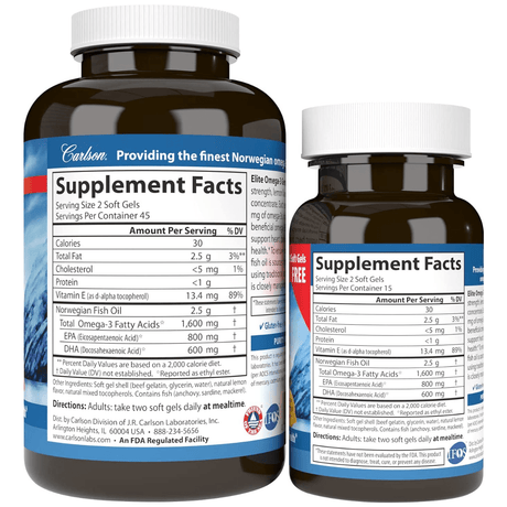 Información del suplemento de Carlson Elite Omega-3 Gems en frascos de 90 y 30 cápsulas blandas