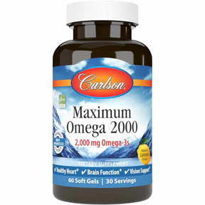 Frasco frontal de Carlson Maximum Omega 2000 de 60 cápsulas blandas