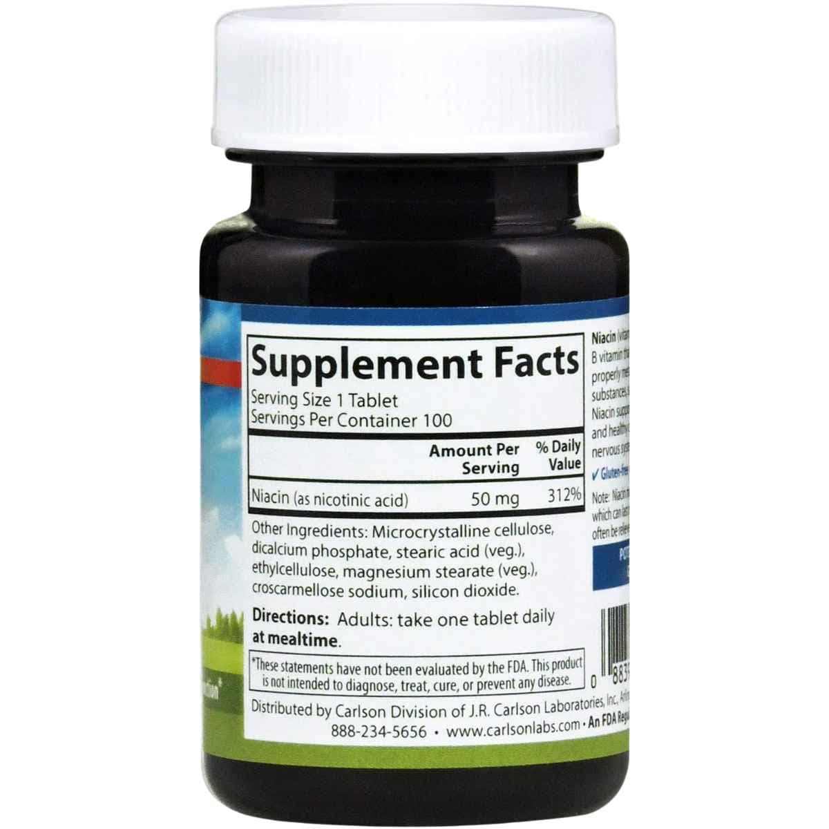 Panel de información del suplemento de Carlson Niacina 50 mg con porción de una tableta