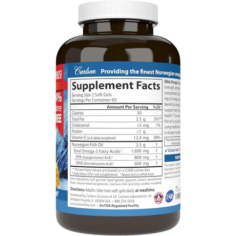 Frasco de suplemento Carlson Omega-3 Limón 1600 mg 130 cápsulas blandas