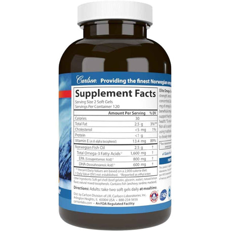 Tabla nutricional del suplemento Carlson Omega-3 Limón 1600 mg 180 cápsulas blandas