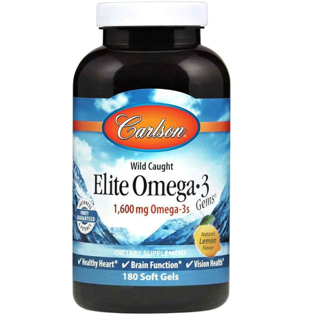 Frasco de suplemento Carlson Omega-3 Limón 1600 mg 180 cápsulas blandas