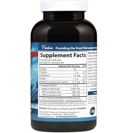 Tabla nutricional del suplemento Carlson Omega-3 Limón 1600 mg 240 cápsulas blandas