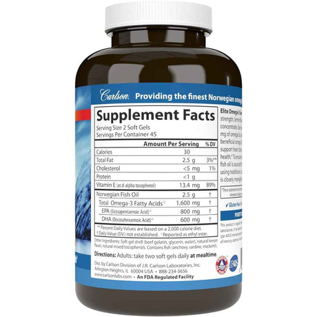 Tabla nutricional del suplemento Carlson Omega-3 Limón 1600 mg 90 cápsulas blandas