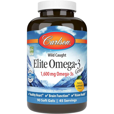 Frasco de suplemento Carlson Omega-3 Limón 1600 mg 90 cápsulas blandas
