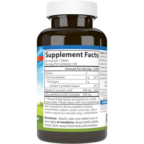 Tabla nutricional del suplemento Carlson Súper Complejo de Vitamina C 500 mg 100 tabletas vegetarianas
