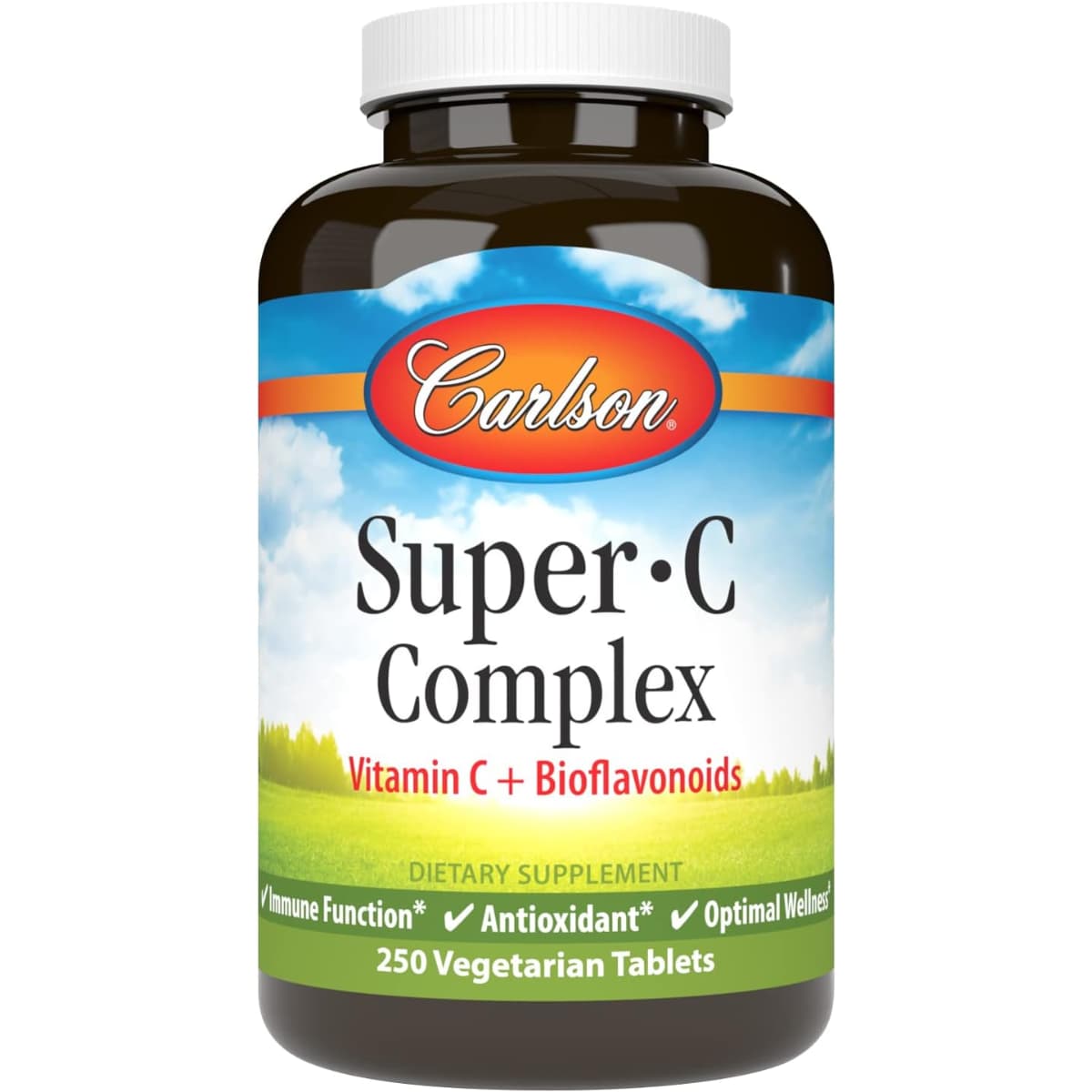 Frasco de suplemento Carlson Súper Complejo de Vitamina C 500 mg 250 tabletas vegetarianas