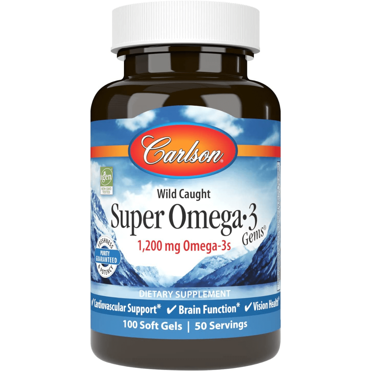 Frasco frontal de Carlson Super Omega-3 Gems de 100 cápsulas blandas