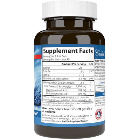 Información del suplemento de Carlson Super Omega-3 Gems de 100 cápsulas blandas