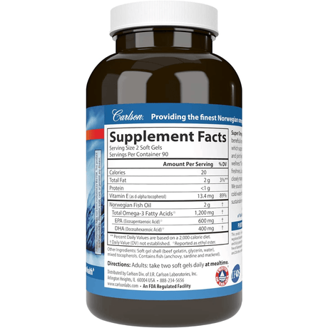 Información del suplemento de Carlson Super Omega-3 Gems de 180 cápsulas blandas