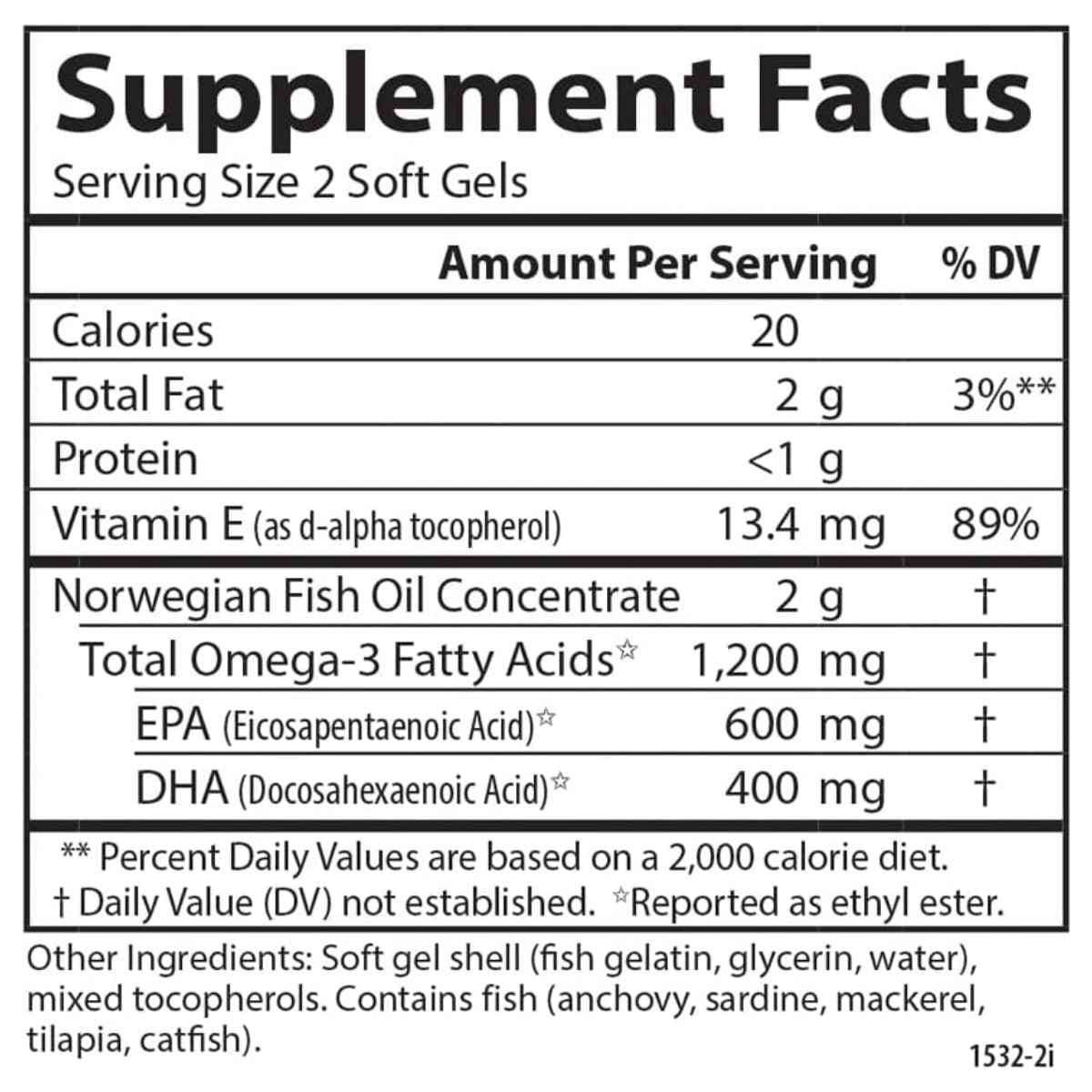 Tabla nutricional del suplemento Carlson Super Omega-3 Gems 180 cápsulas blandas