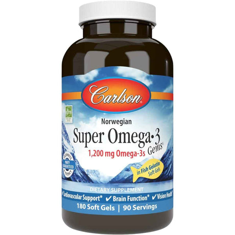 Frasco de suplemento Carlson Super Omega-3 Gems 180 cápsulas blandas