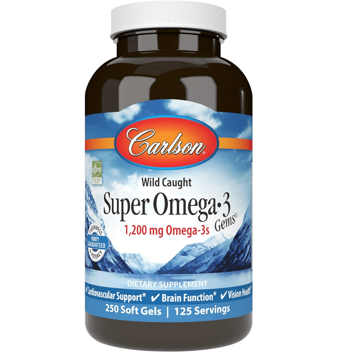 Frasco frontal de Carlson Super Omega-3 Gems de 250 cápsulas blandas
