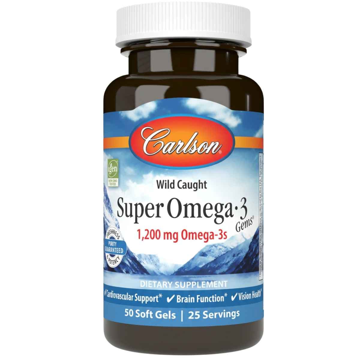Frasco frontal de Carlson Super Omega-3 Gems de 50 cápsulas blandas