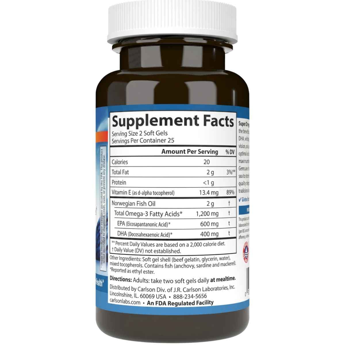 Información del suplemento de Carlson Super Omega-3 Gems de 50 cápsulas blandas