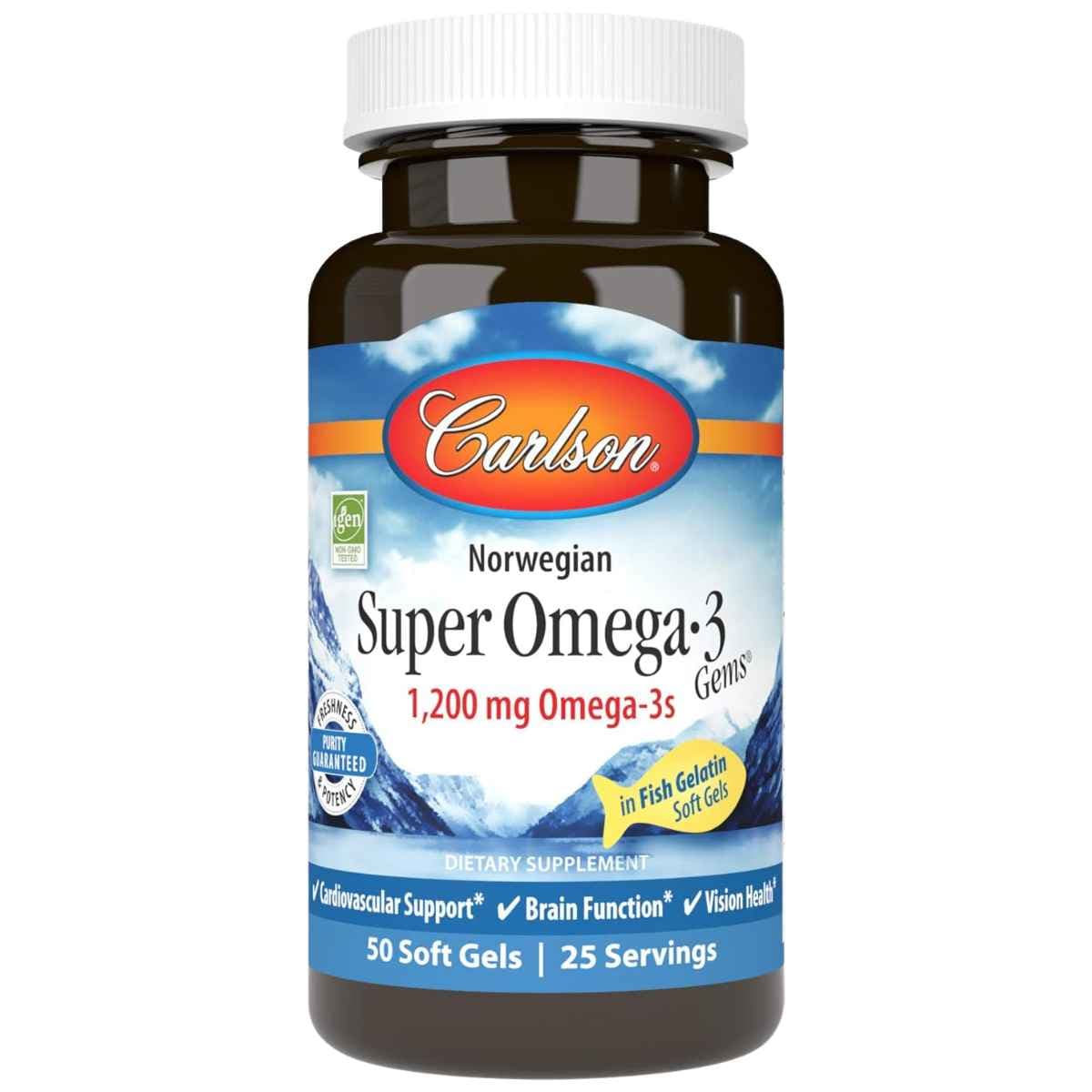 Frasco de suplemento Carlson Super Omega-3 Gems 50 cápsulas blandas
