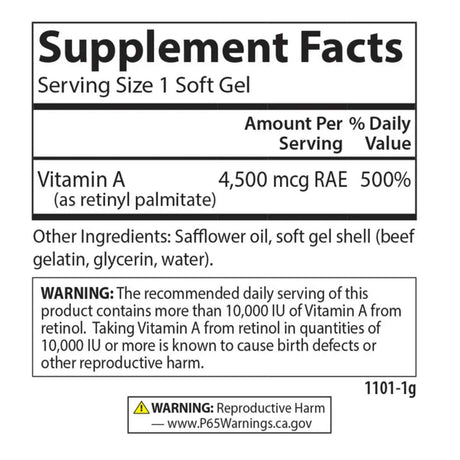 Tabla nutricional del suplemento Carlson Vitamina A Palmitato 120 cápsulas blandas