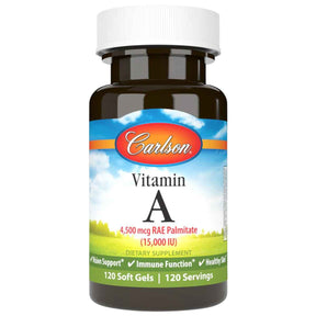 Frasco de suplemento Carlson Vitamina A Palmitato 120 cápsulas blandas