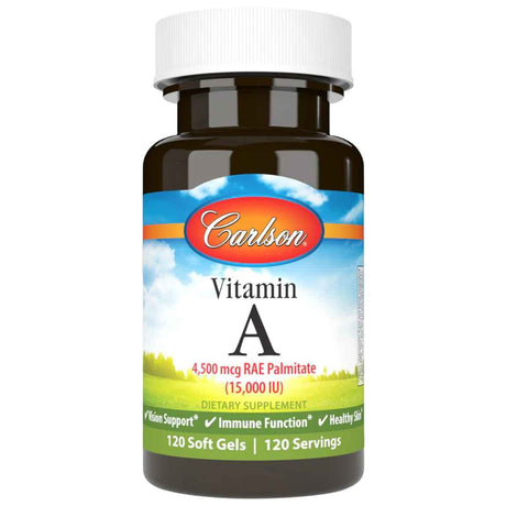 Frasco de suplemento Carlson Vitamina A Palmitato 120 cápsulas blandas