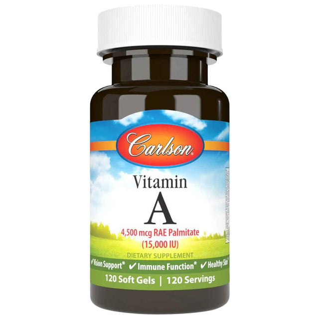 Frasco de suplemento Carlson Vitamina A Palmitato 120 cápsulas blandas