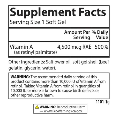 Tabla nutricional del suplemento Carlson Vitamina A Palmitato 240 cápsulas blandas