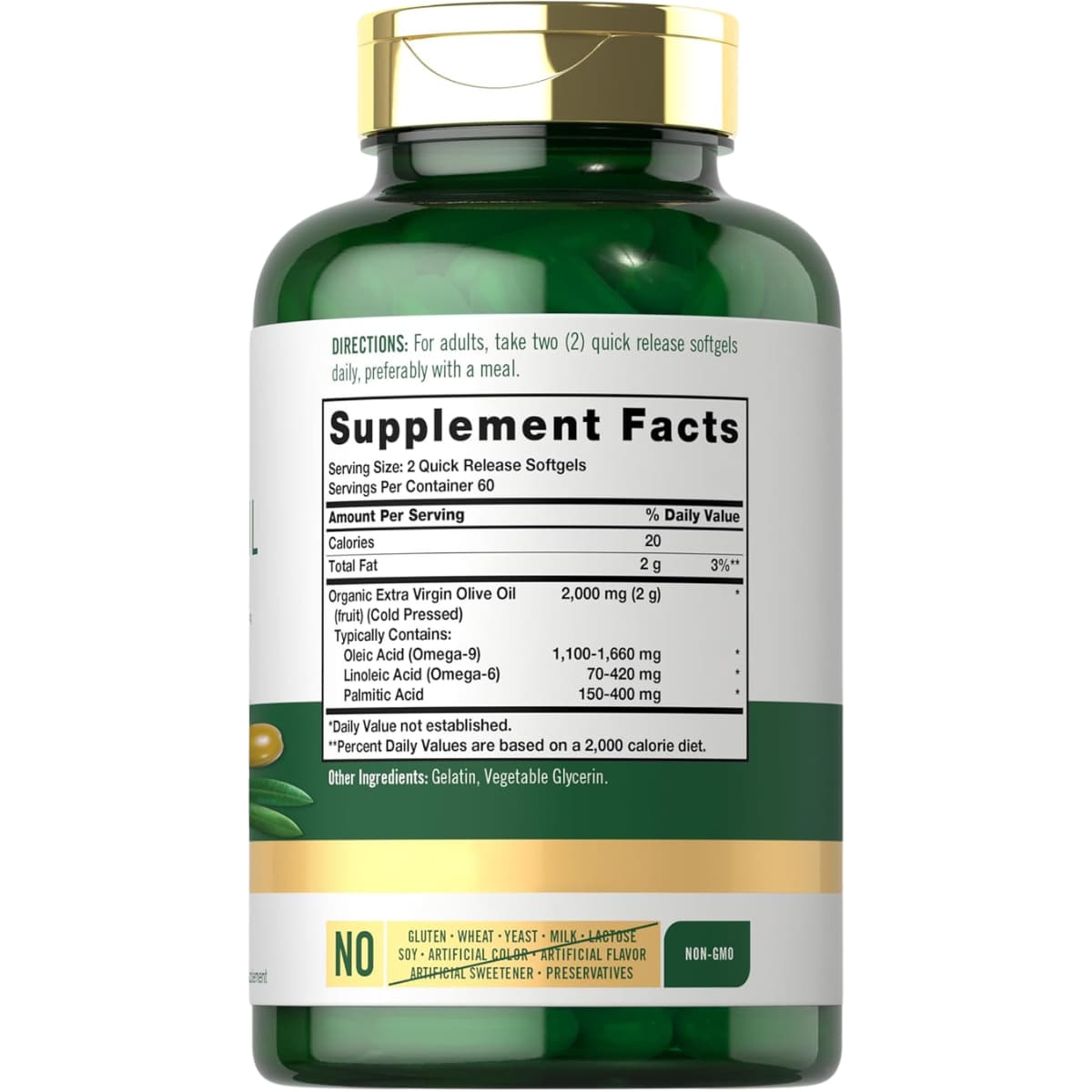 Tabla nutricional del suplemento Carlyle Aceite de Oliva Extra Virgen Orgánico 120 cápsulas de gel