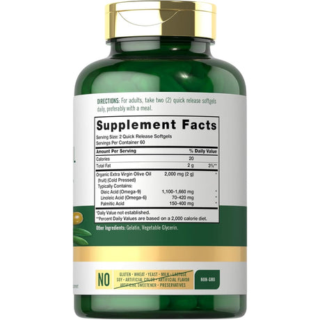 Tabla nutricional del suplemento Carlyle Aceite de Oliva Extra Virgen Orgánico 120 cápsulas de gel