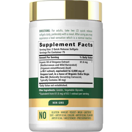 Panel posterior con tabla nutricional y modo de uso de Carlyle aceite de orégano 4000 mg con 150 cápsulas blandas