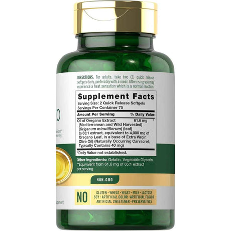 Tabla nutricional del suplemento Carlyle Aceite de Orégano 4000 mg 150 Cápsulas Blandas