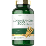 Frasco de suplemento Carlyle Ashwagandha 3000 mg 300 cápsulas