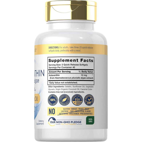 Tabla nutricional del suplemento Carlyle Astaxantina con Aceite de Coco 12 mg 120 cápsulas