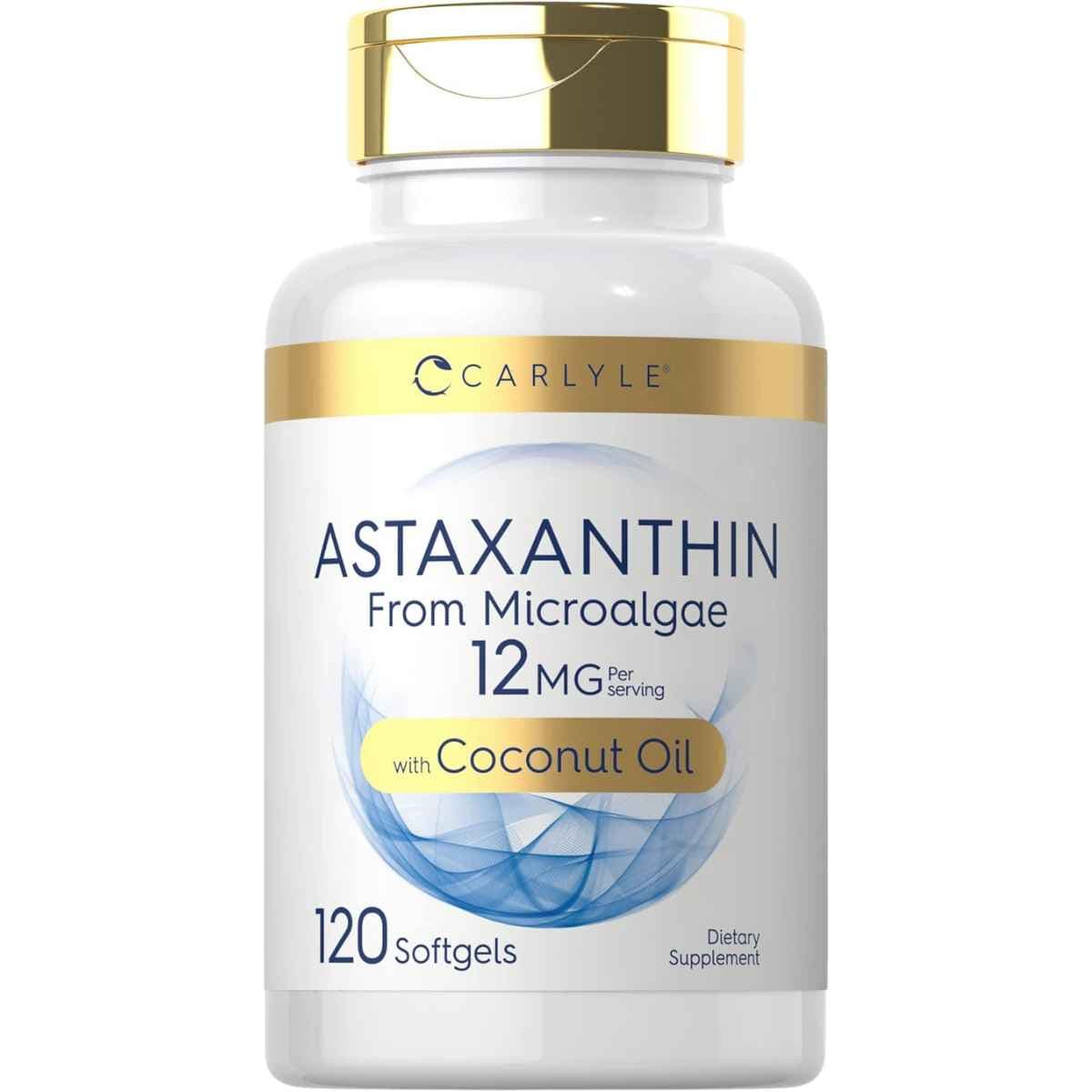 Frasco de suplemento Carlyle Astaxantina con Aceite de Coco 12 mg 120 cápsulas