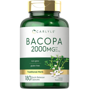 Frasco de suplemento Carlyle Bacopa Monnieri 2000 mg 180 cápsulas