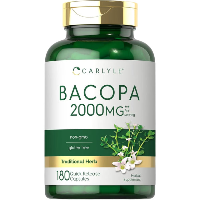 Frasco de suplemento Carlyle Bacopa Monnieri 2000 mg 180 cápsulas