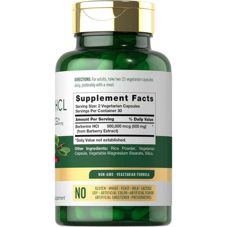 Tabla nutricional del suplemento Carlyle Berberina HCl 500 mg 60 cápsulas vegetarianas