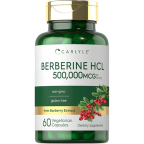 Frasco de suplemento Carlyle Berberina HCl 500 mg 60 cápsulas vegetarianas