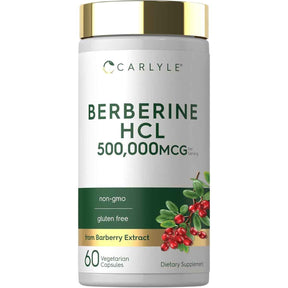 Frasco frontal de Carlyle berberina HCl, presentación de 60 cápsulas vegetarianas