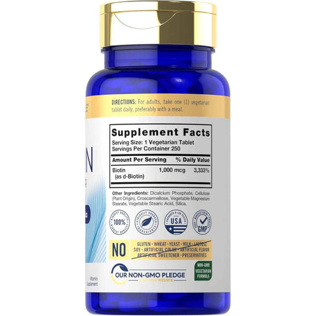 Tabla nutricional del suplemento Carlyle Biotina 1000 mcg 250 tabletas