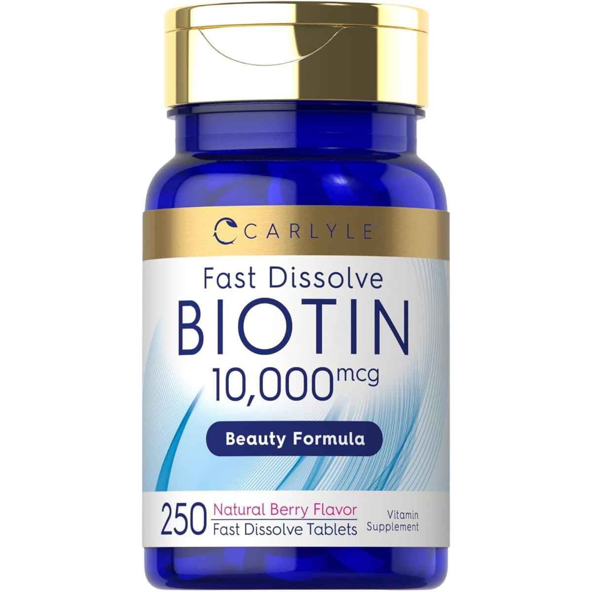 Frasco de suplemento Carlyle Biotina Sabor Bayas 250 tabletas de disolución rápida