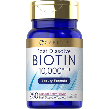 Frasco de suplemento Carlyle Biotina Sabor Bayas 250 tabletas de disolución rápida